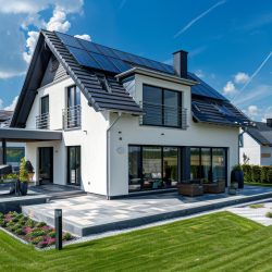 Haus mit Garten und neuem Dach mit Photovoltaik